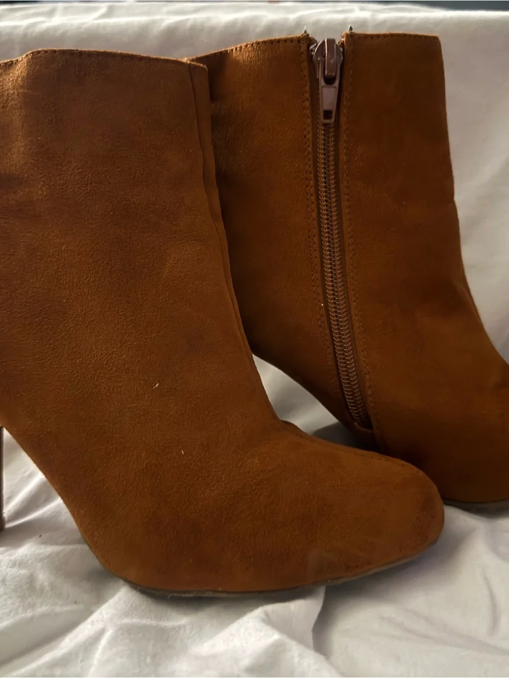 Bamboo Brown Faux Suede Block Heel Ankle Booties